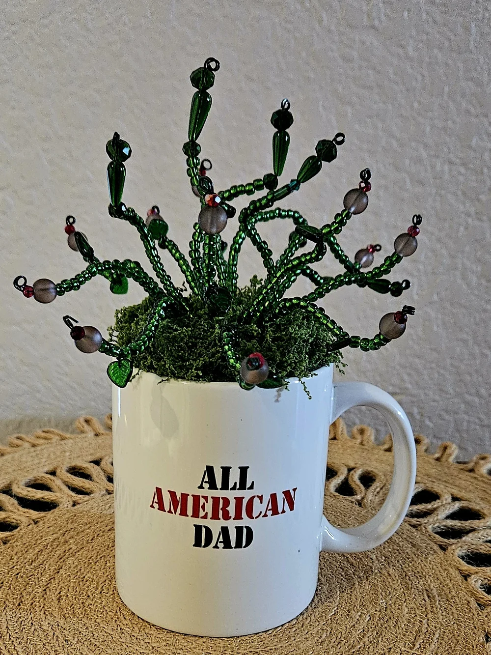 All American Dad White Ceramic Mug with Green Beaded Succulent
